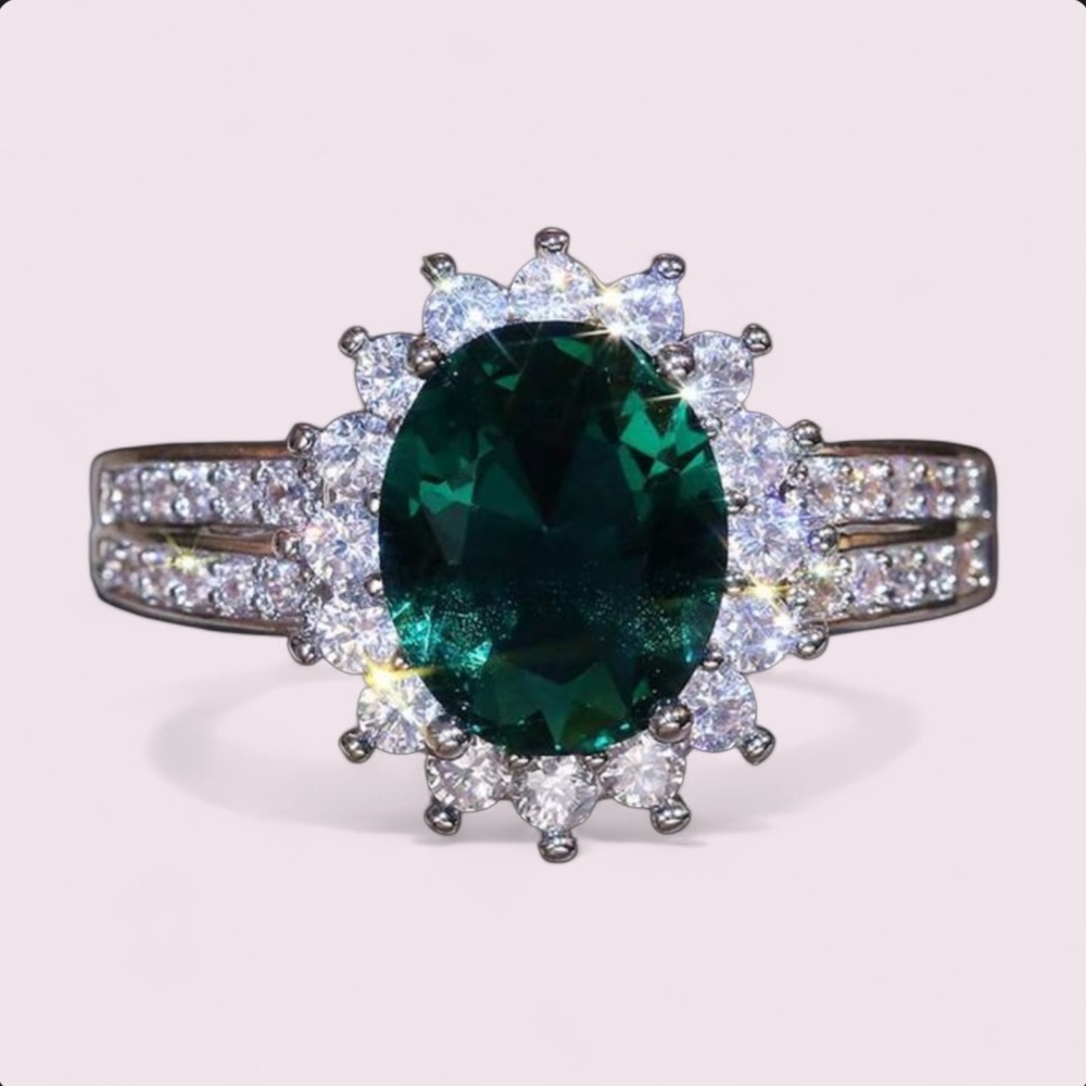 Engagement Oval Cut Emerald CZ Ring in Sterling Silver